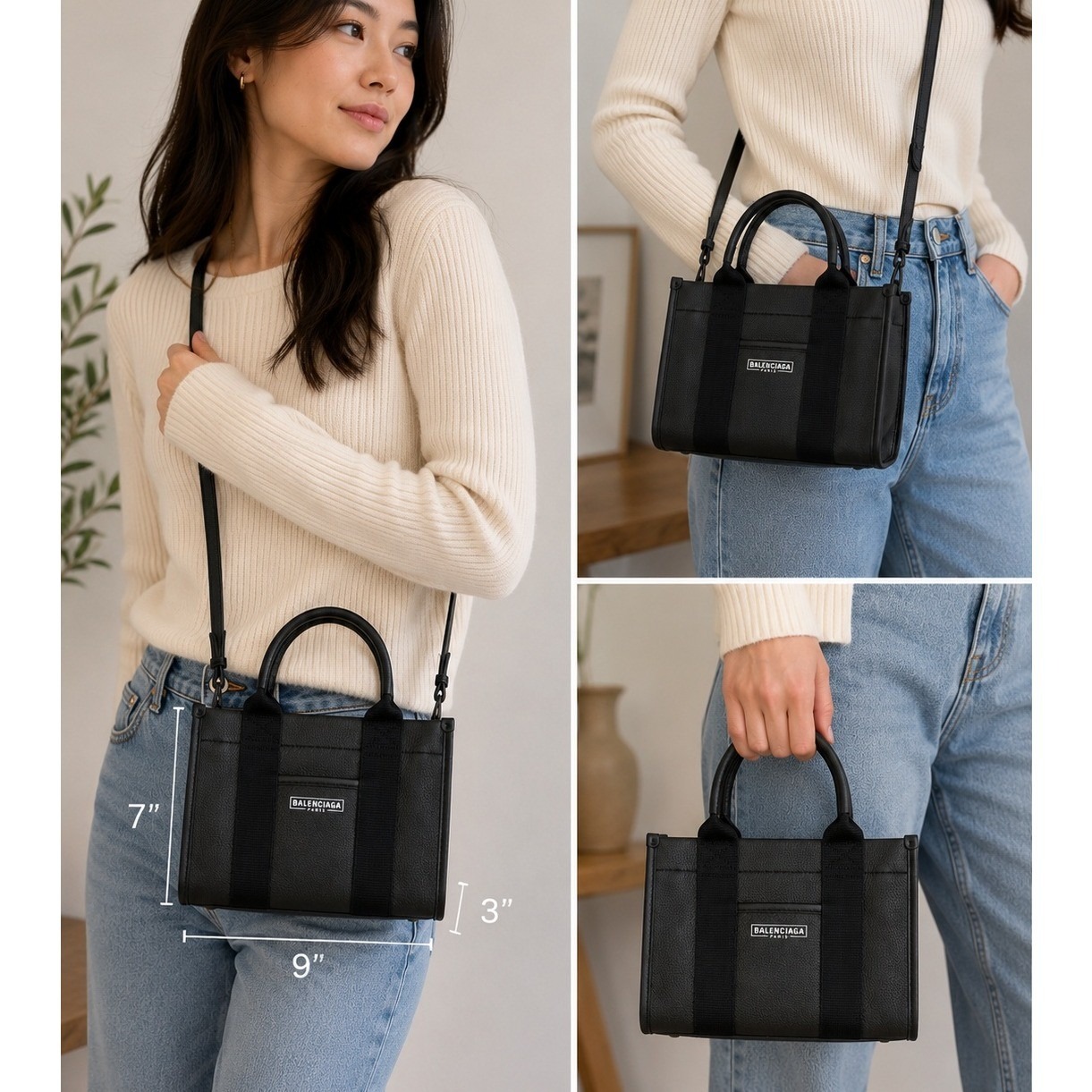 Balenciaga Paris Black Pebbled Leather Small Tote Crossbody Bag Authentic